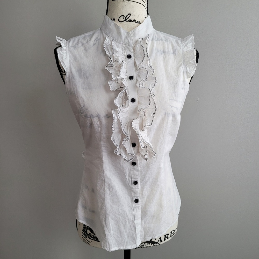 Vintage Cotton Express white tuxedo blouse contrasting black stitching y2k‎ PM